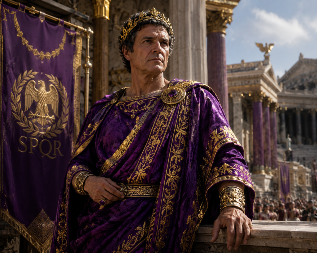 Ancient ruler wearing luxurious robes dyed with rare Tyrian purple art pigments.