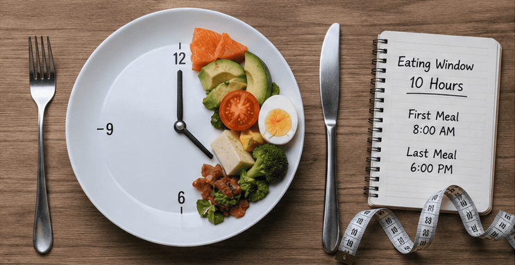 Plate arranged like a clock showing meal timing concept with a 10-hour eating window written on a notepad to improve circadian rhythm lifestyle naturally 