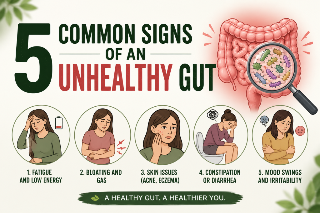 Illustration of digestive system with healthy foods like yogurt, avocado, broccoli, garlic, berries, and ginger surrounding it, representing natural ways to improve gut health and heal the microbiome.