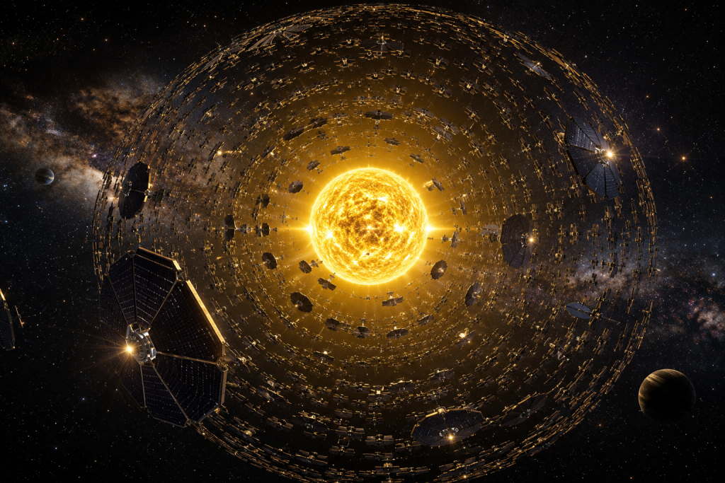 Futuristic Dyson Swarm surrounding a glowing yellow star in deep space, science fiction predictions