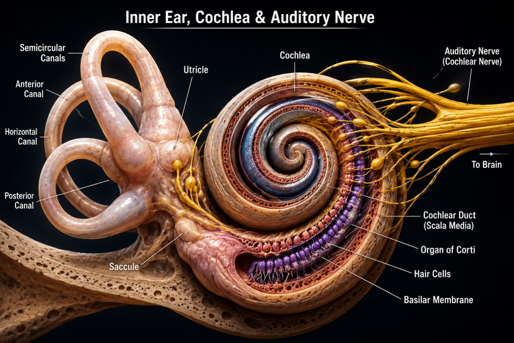Anatomy of the ear explaining how human body senses process sound waves