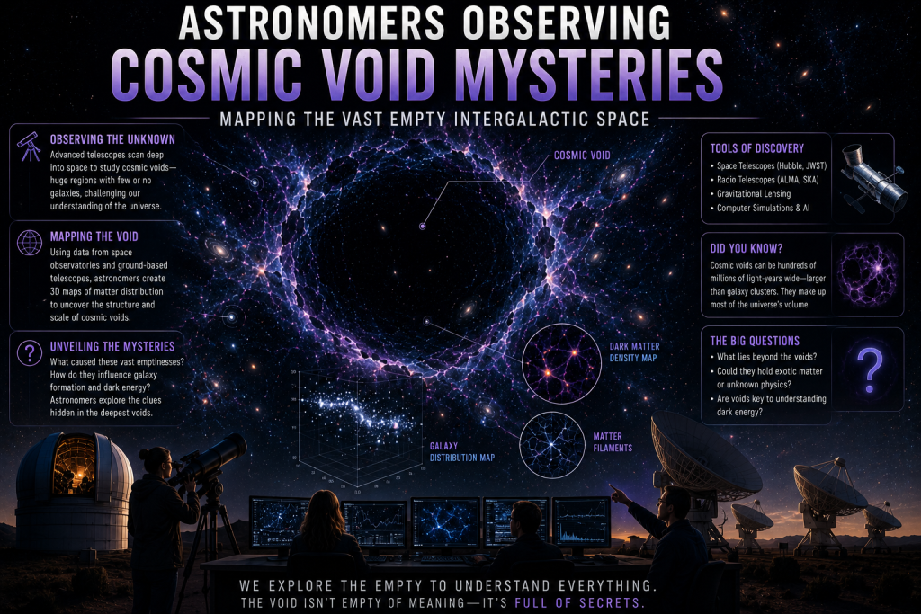 Astronomers observing cosmic void mysteries and mapping the vast empty intergalactic space
