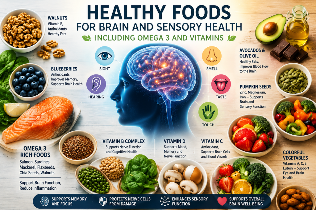 Hidden language of brain and sensory health showing healthy foods, omega-3 nutrition, vitamins, and foods that support memory, senses, and cognitive function.