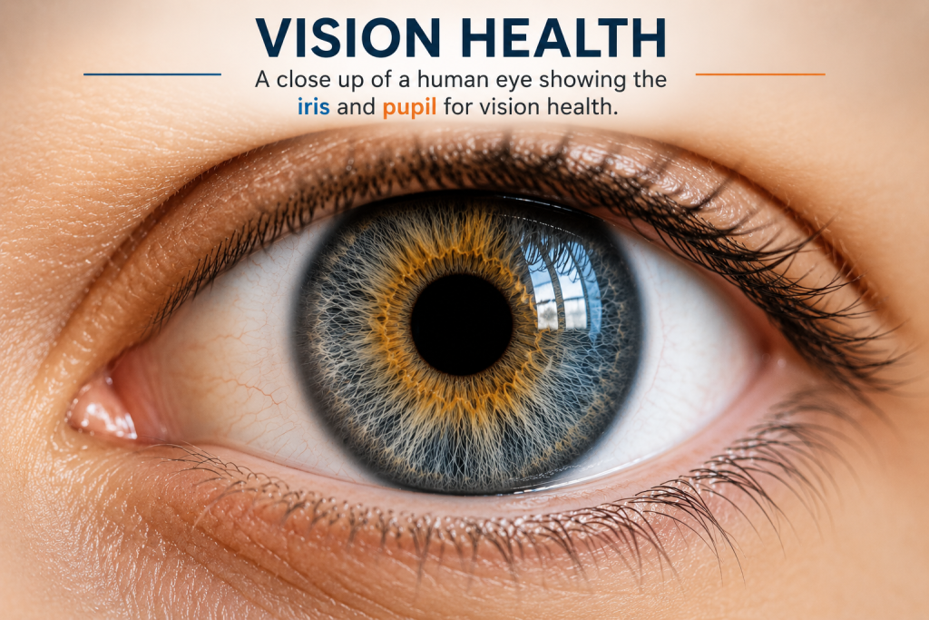 "A magnified view of a human eye showing the iris and pupil for vision
health
