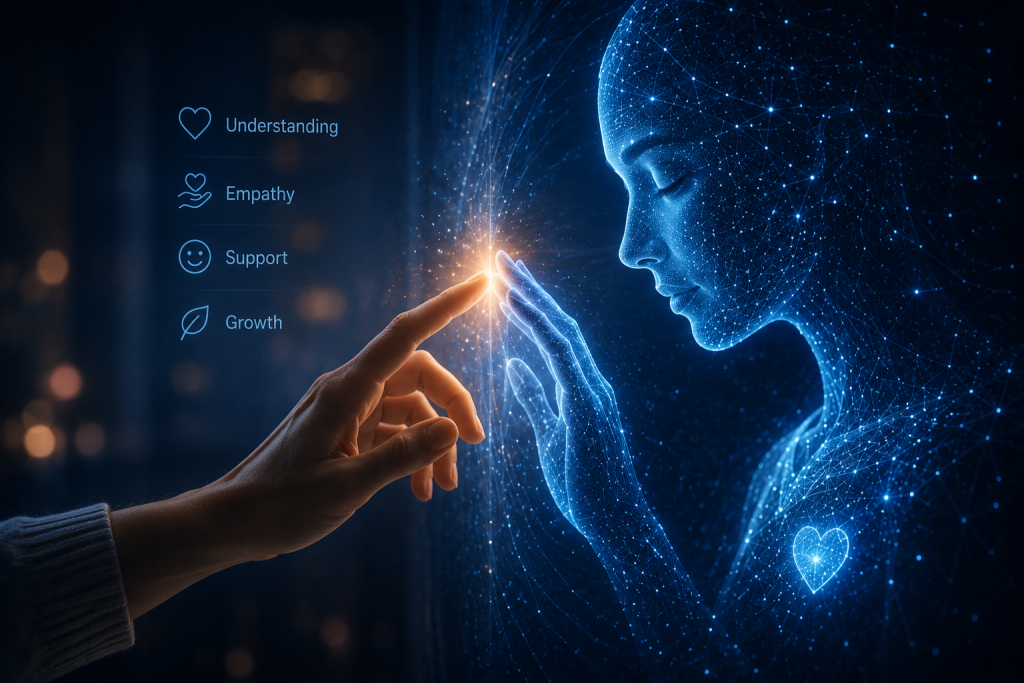  Human hand touching a digital AI projection representing emotional connection and empathy