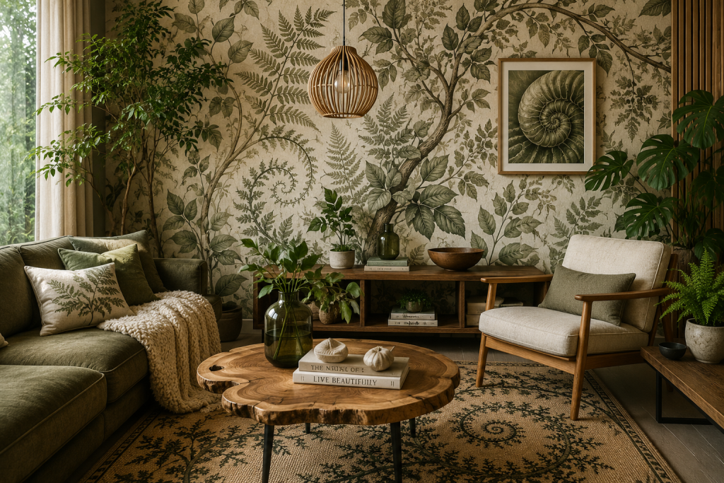 Using fractal patterns and botanical wallpaper in sensory interior design for mental wellness