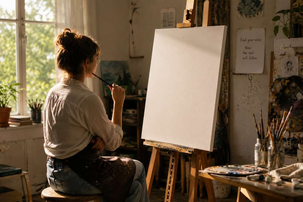 An artist sitting in a quiet studio focusing on a blank canvas to find their voice trying to achieve flow state for artists