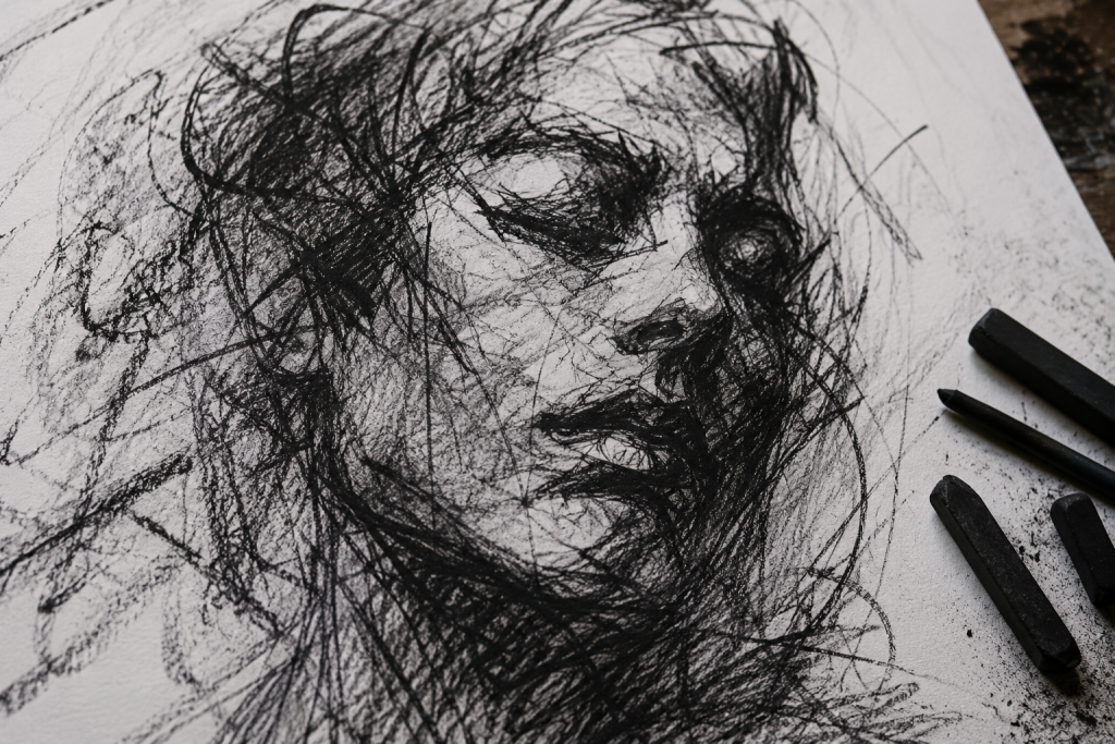 Detailed close-up of a charcoal sketch showing the energy and raw emotion of blind drawing.