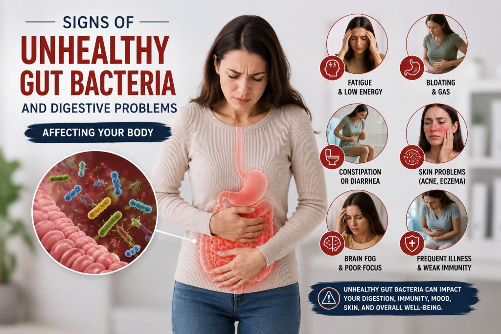 Signs of unhealthy gut bacteria and digestive problems affecting your body gut health tips