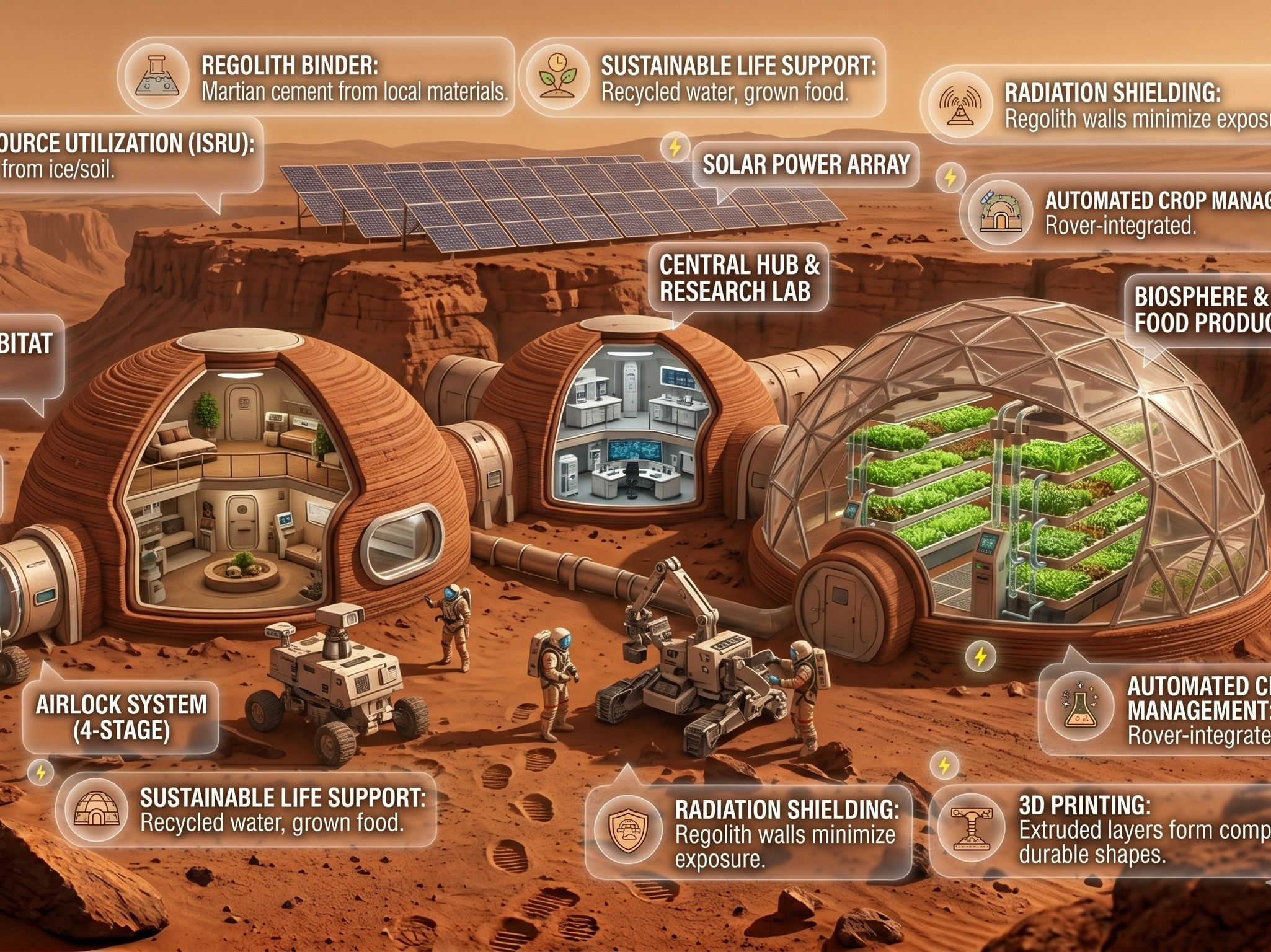Base camp design explaining how will humans build homes on Mars successfully