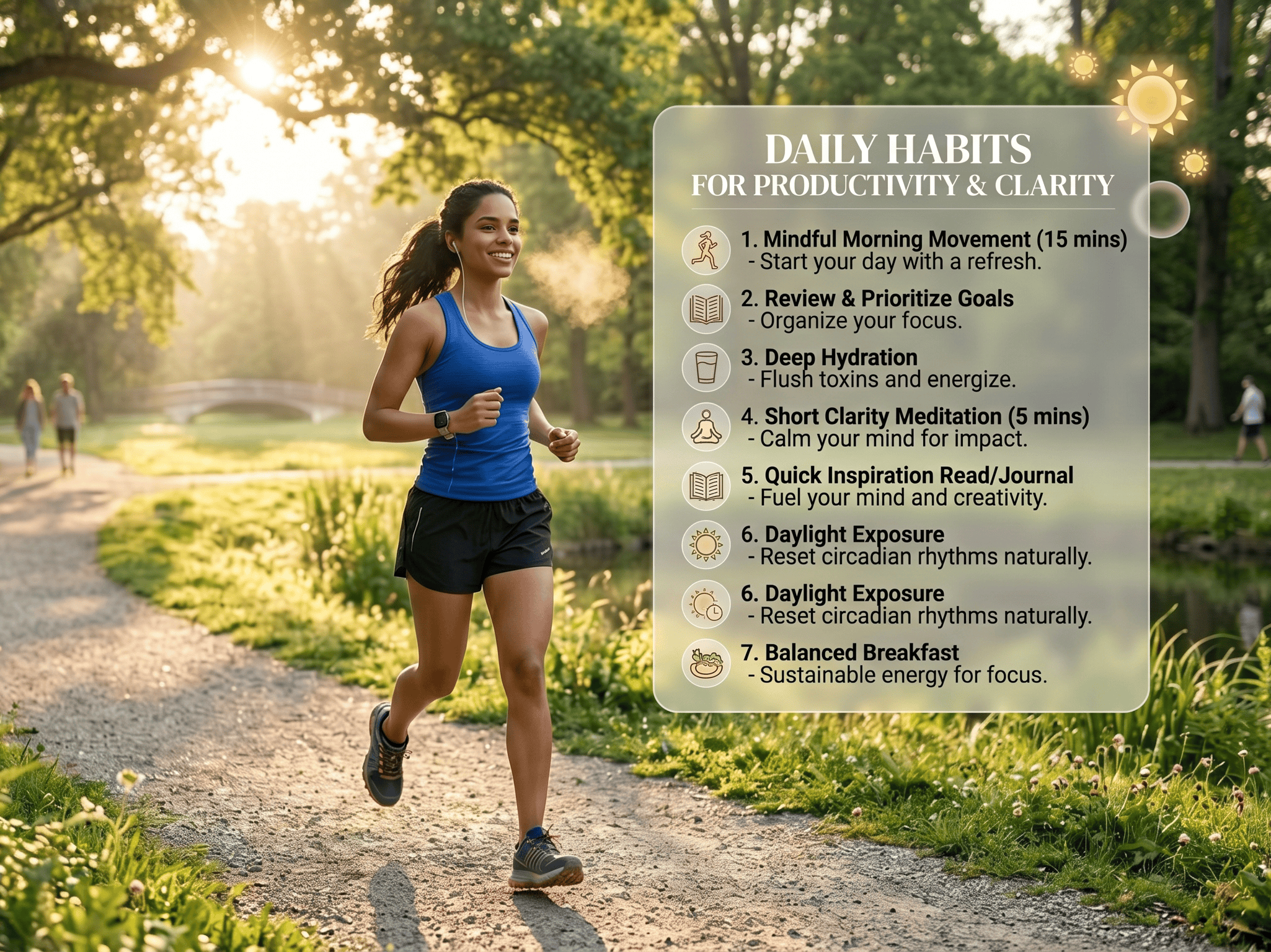 Woman jogging in park highlighting daily habits for productivity and mental clarity