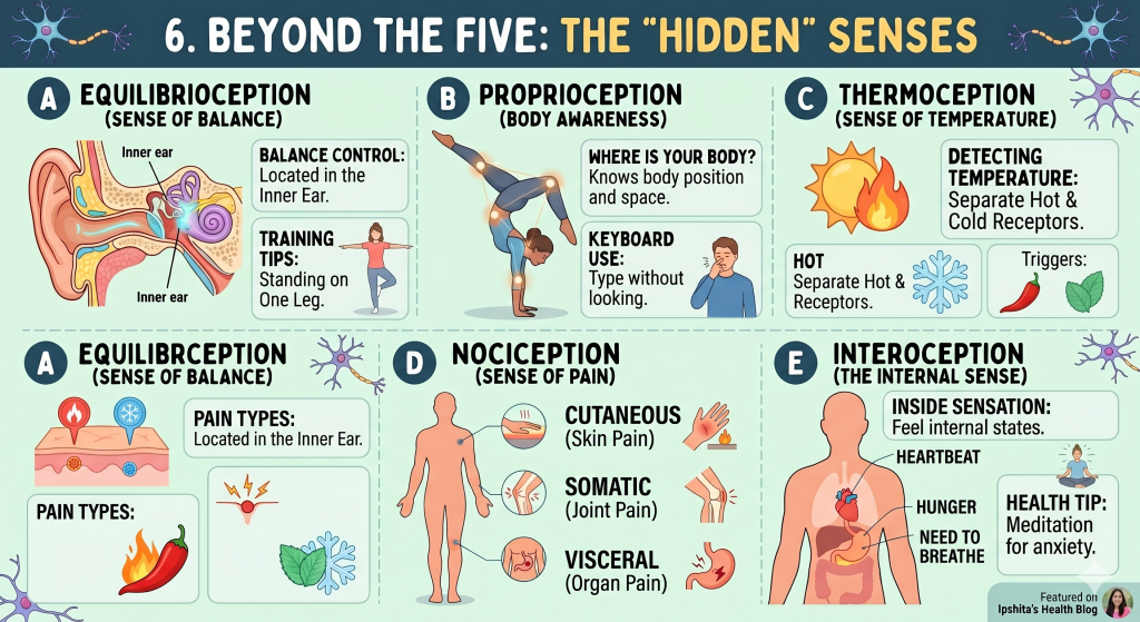 An infographic illustrating six hidden human body senses beyond the basic five, with brief explanations.