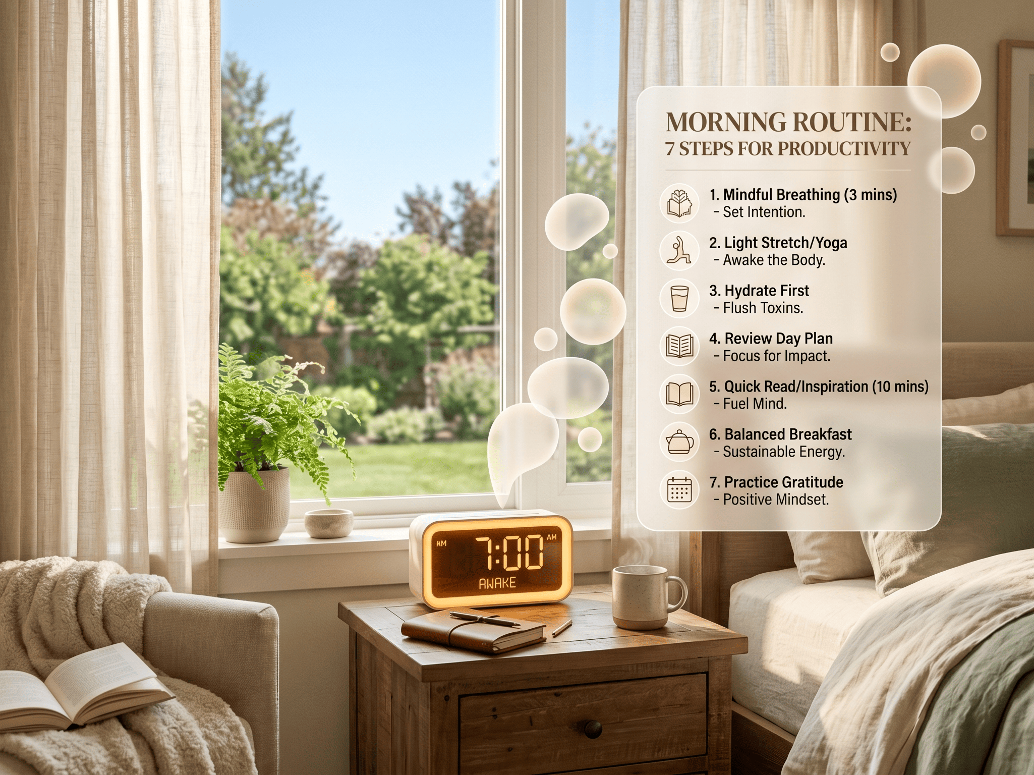 Alarm clock waking up showing morning routine ideas for a productive day