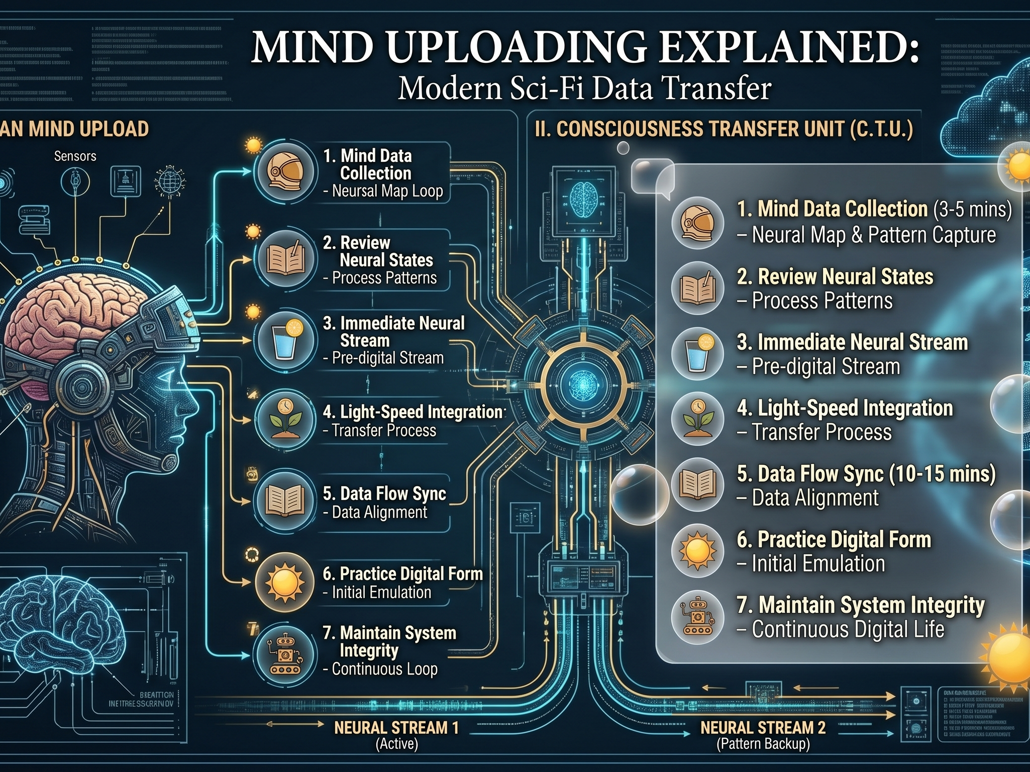 Diagram showing how does mind uploading work technically with human consciousness transfer