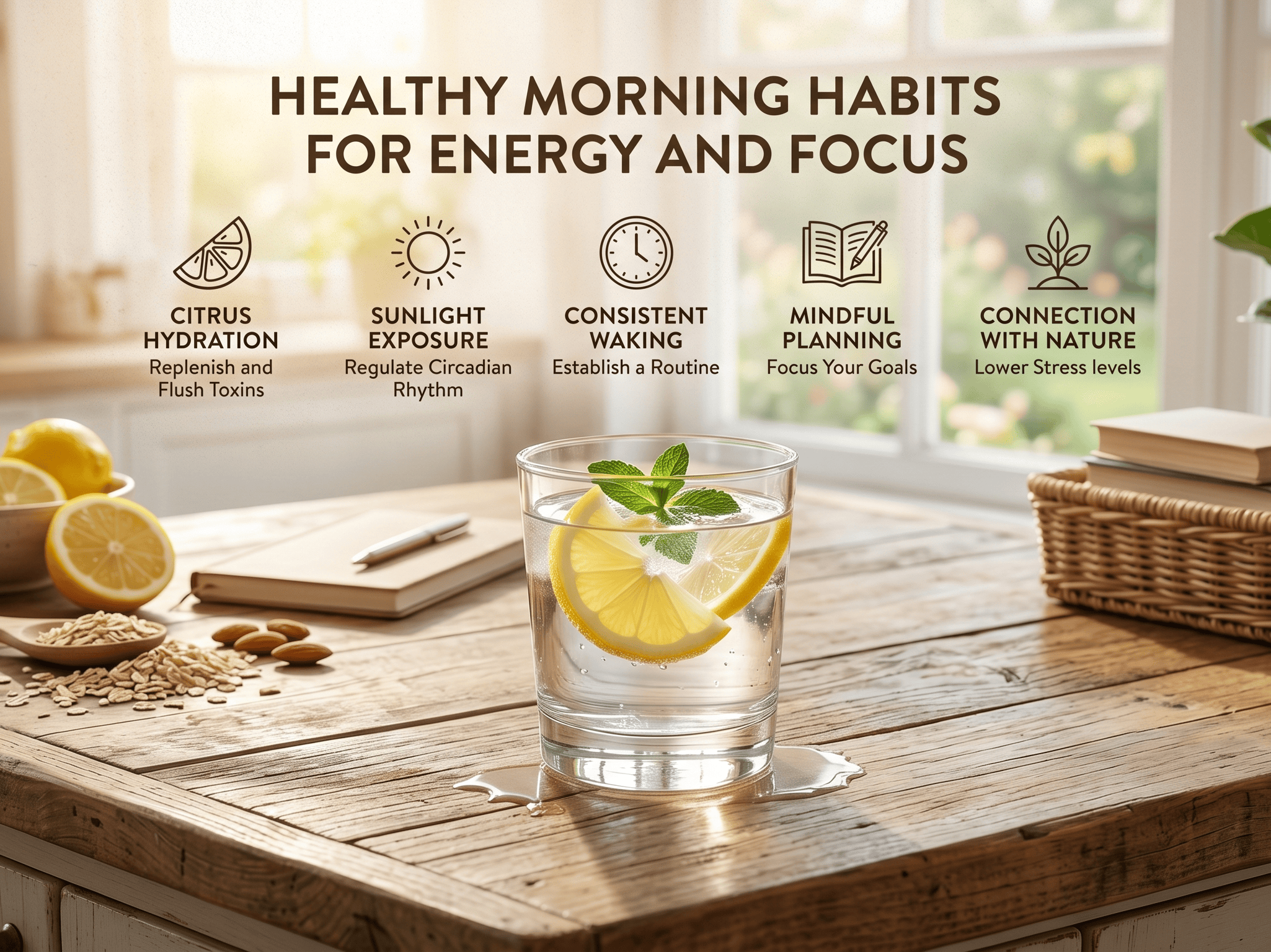 Glass of lemon water demonstrating healthy morning habits for energy and focus