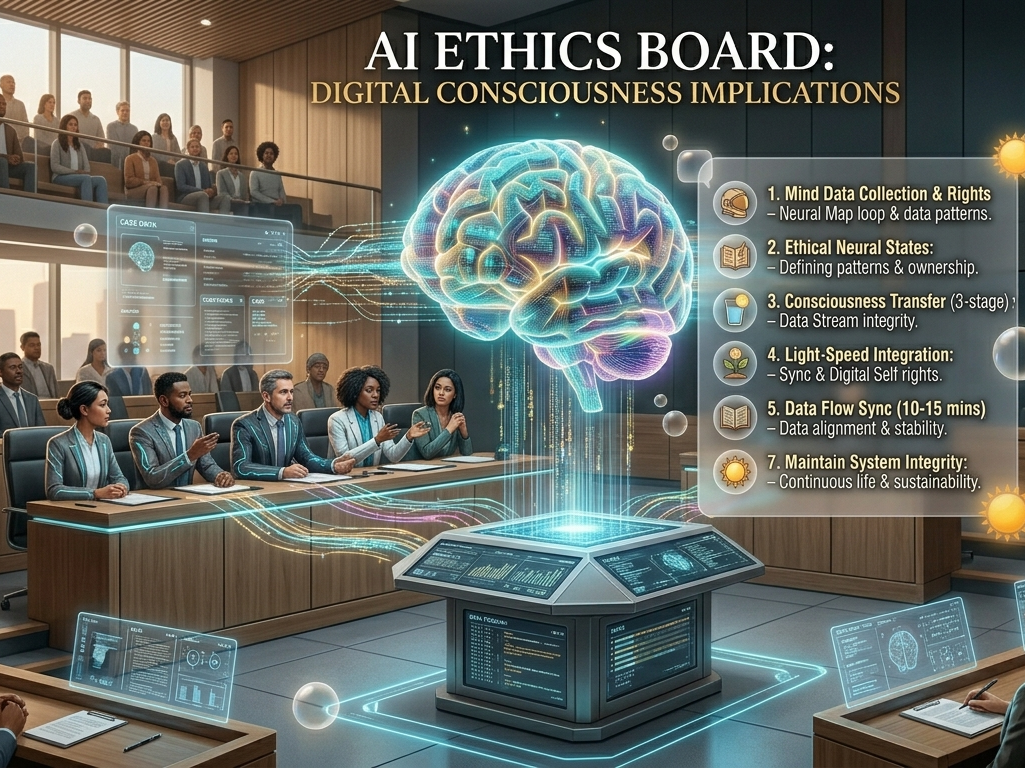 AI ethics board discussing the ethical implications of digital consciousness in society