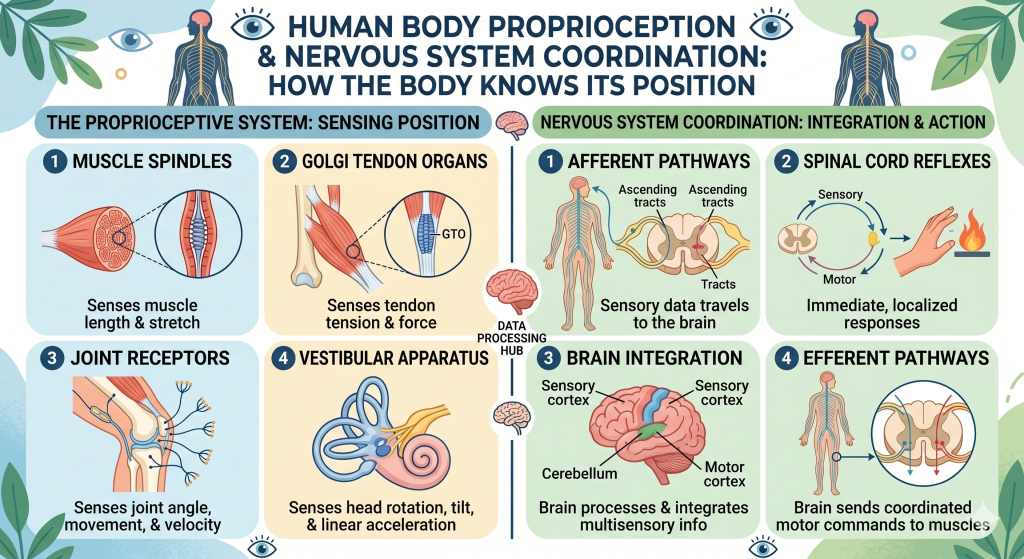 "Human body proprioception and nervous system coordination explanation"