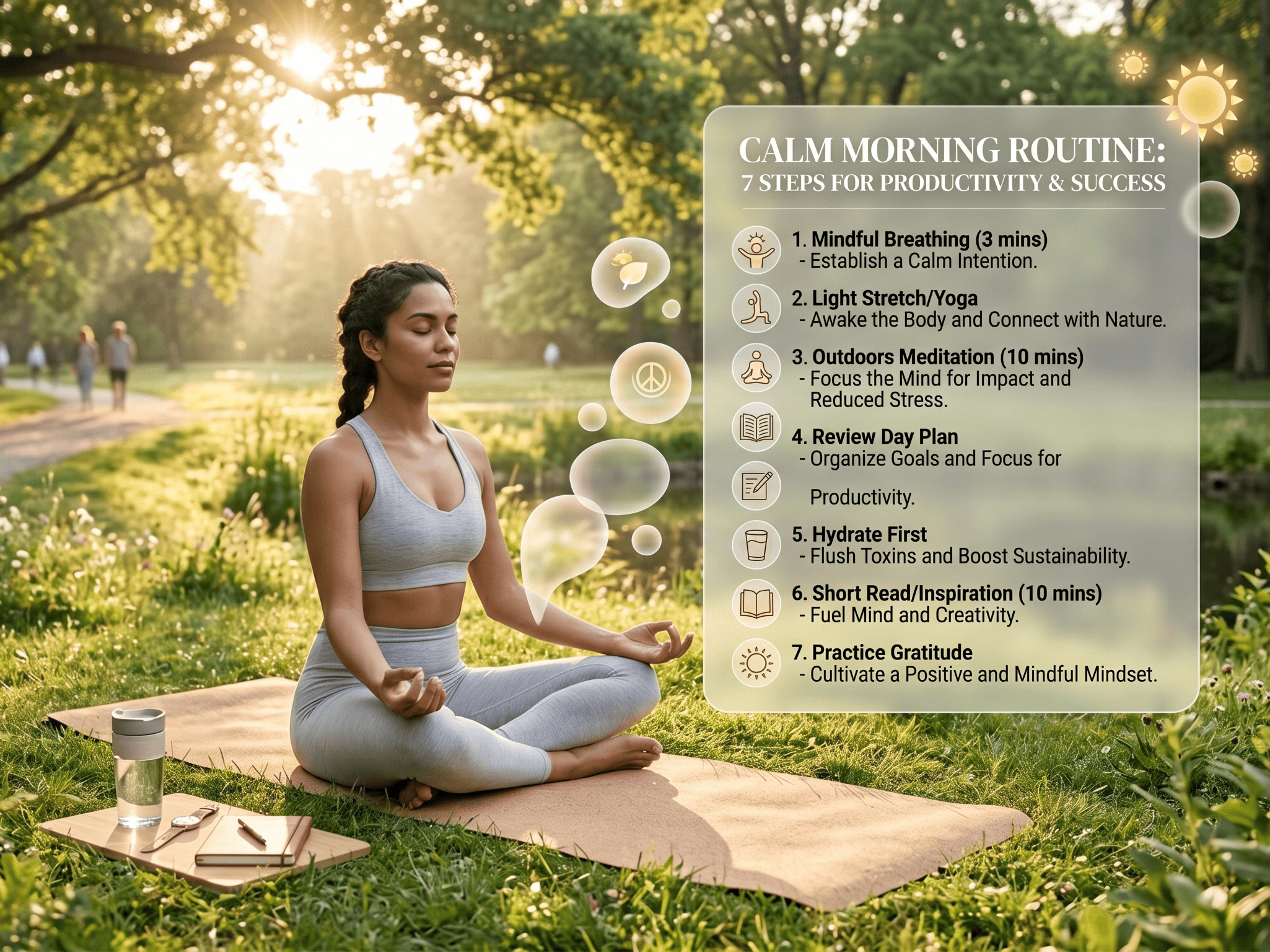 Person meditating outdoors showing how successful people start their day with calm