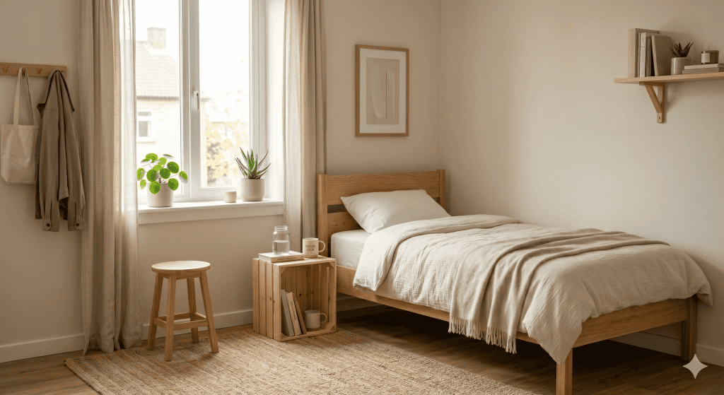 Affordable minimalist dorm room ideas featuring simple plants and budget friendly wooden furniture