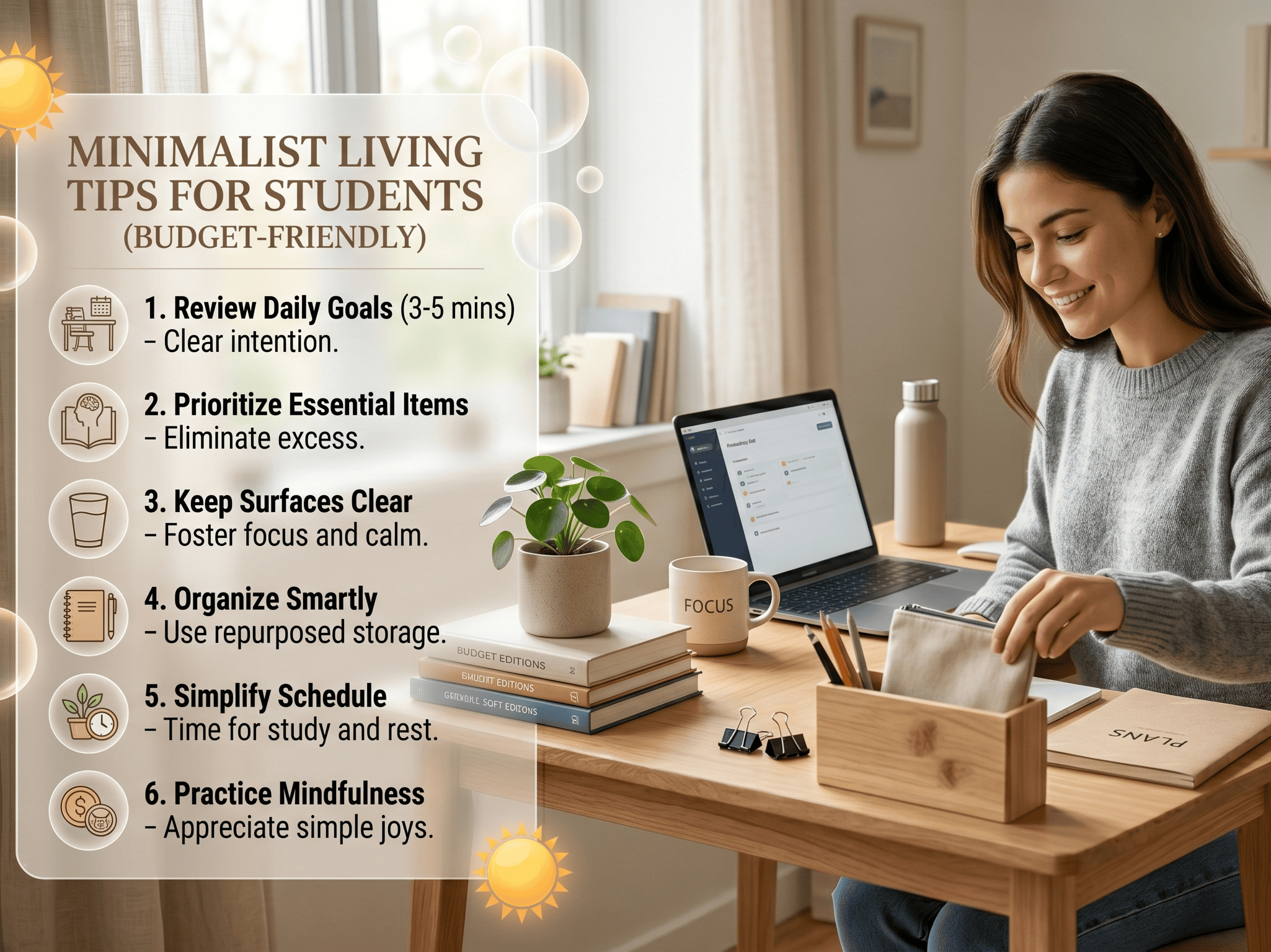 Student organizing a tidy desk showing minimalist living tips for students on a budget