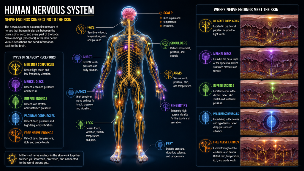 Nervous system chart explaining how human body senses send signals to the brain