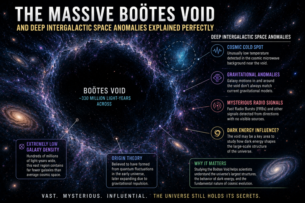 The massive Boötes Void and deep intergalactic space anomalies explained perfectly