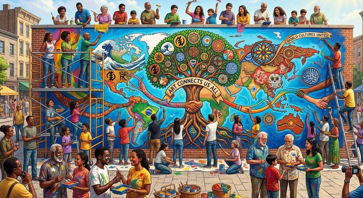 Diverse community painting a mural showing how art connects cultures across the world