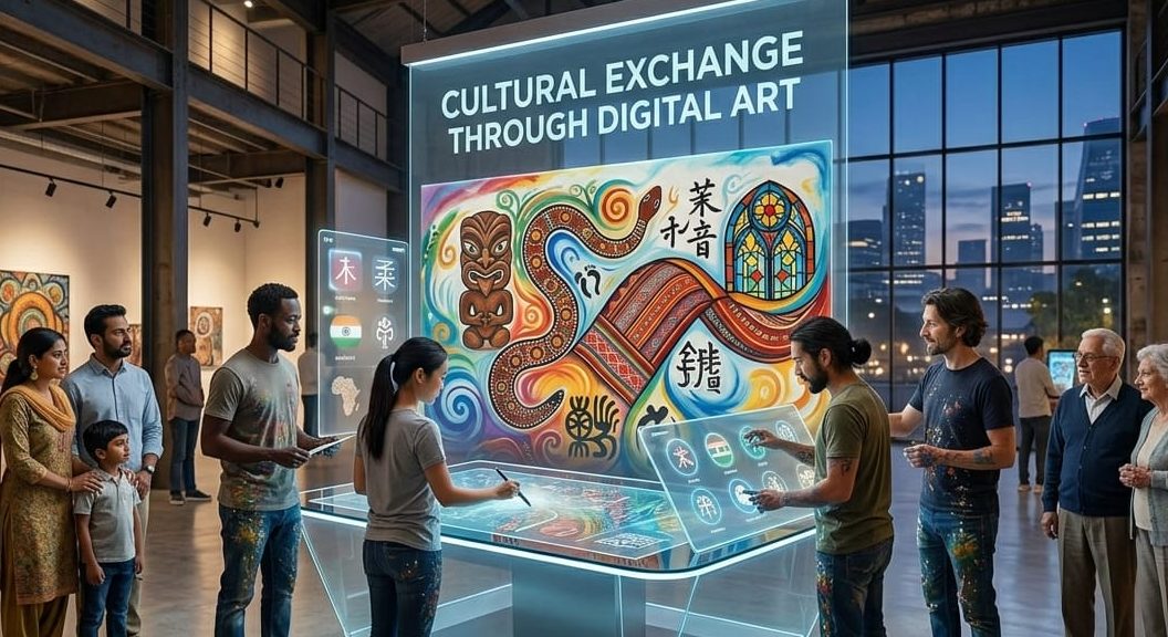 Modern digital art exhibition demonstrating beautiful cultural exchange through art in modern times