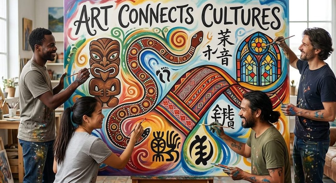 Artists collaborating on canvas highlighting the role of art in connecting different cultures