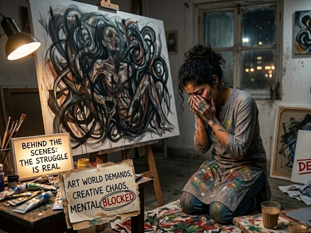 Artist experiencing mental health struggles in the art world during creative process.