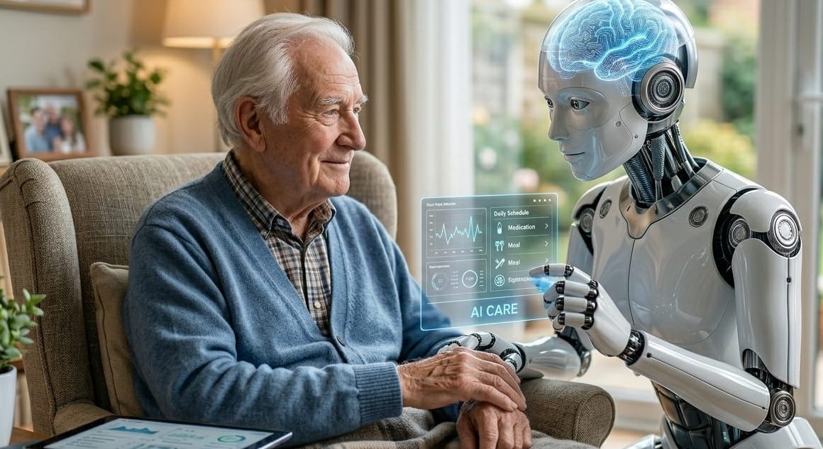 Robot assisting elderly man representing artificial intelligence and humanity caretaking