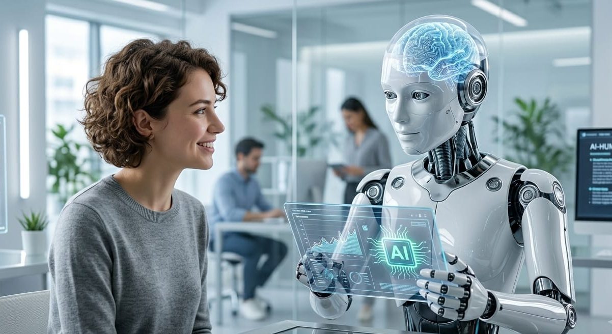 Advanced humanoid robot looking at human showing human-AI interaction future