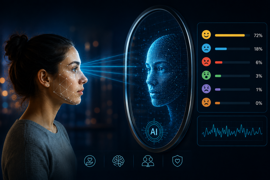 Digital representation of AI reflecting human emotional states through facial recognition technology