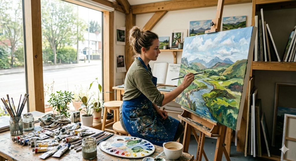 Artist painting on canvas showing why traditional art still matters in modern society