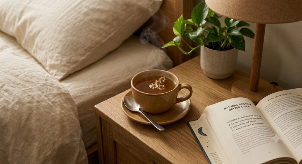 Chamomile tea and open book offering natural tips to improve sleep quality