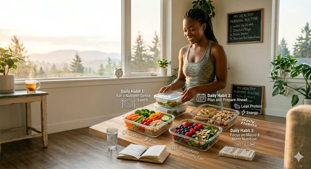 Meal prep containers highlighting the best daily habits for a successful life and health