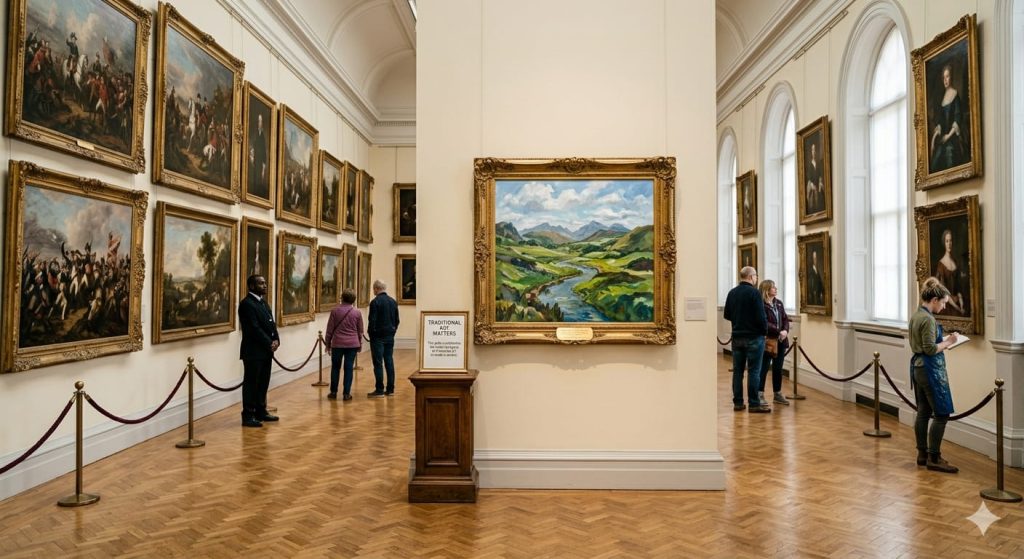 Historic oil paintings in a museum highlighting the importance of traditional art