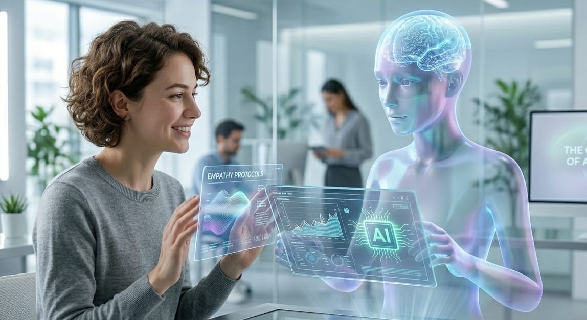 Holographic AI interacting with human showing future of AI and human relationships