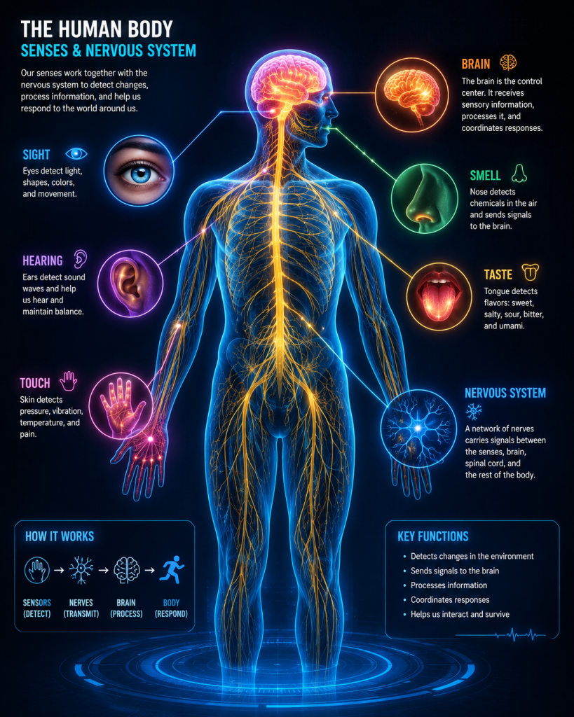 Diagram of amazing human body senses showing brain and sensory organs