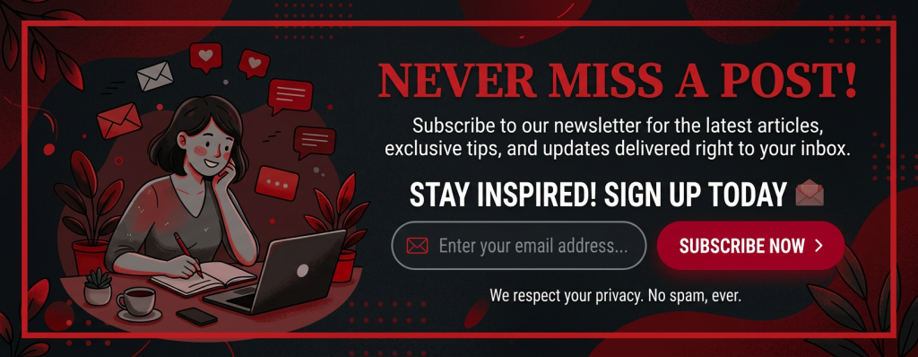 Illustration of a woman at a desk with laptop and coffee signing up for a newsletter