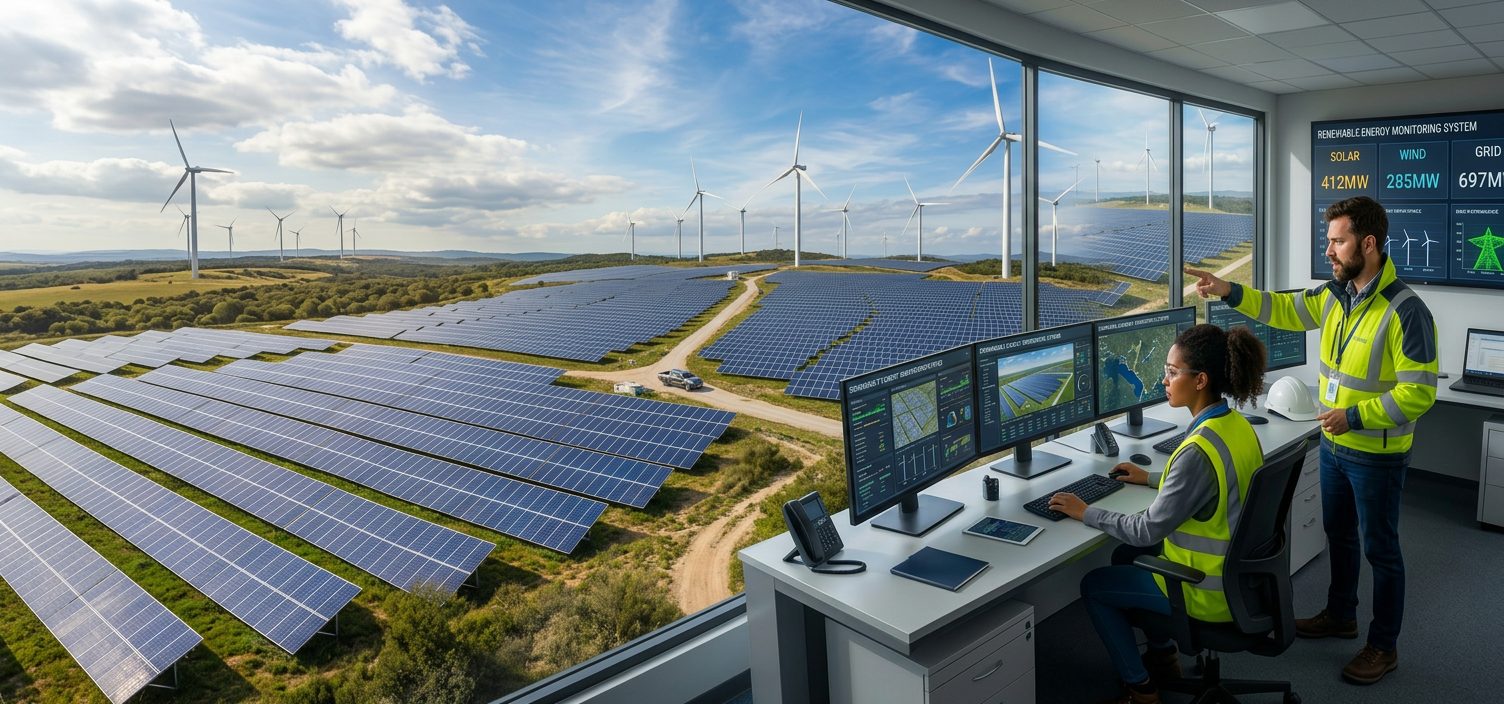 Engineers in high-visibility jackets monitoring solar panels and wind turbines on multiple screens in a control room