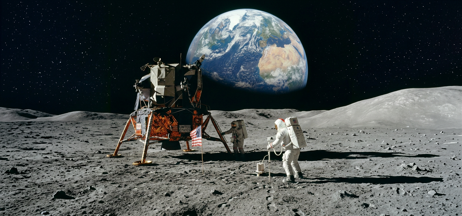 Two astronauts on the Moon near lunar module with Earth rising in background