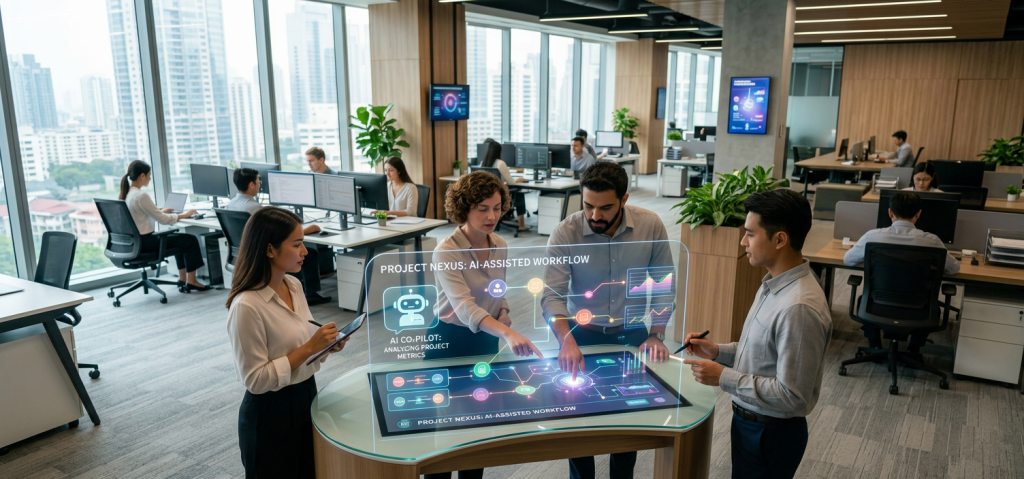 Four professionals collaborating around interactive digital table showing AI project metrics and graphs