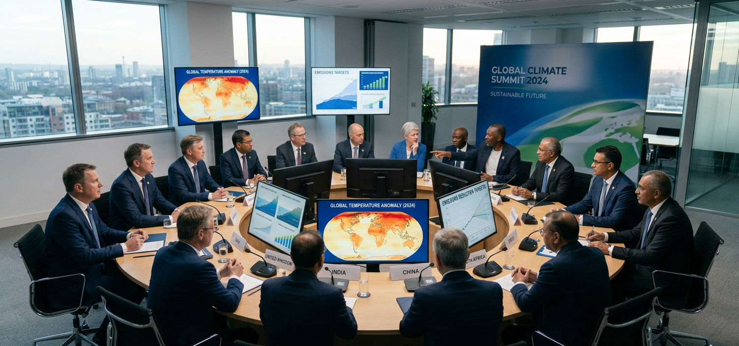 Climate summit leaders around table with digital displays