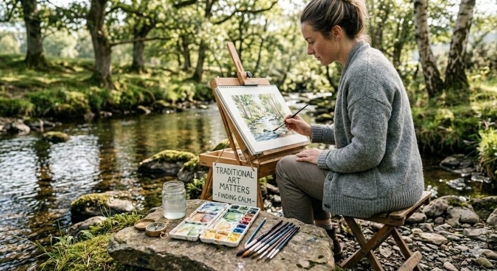  Person using traditional art techniques to improve focus and reduce daily stress