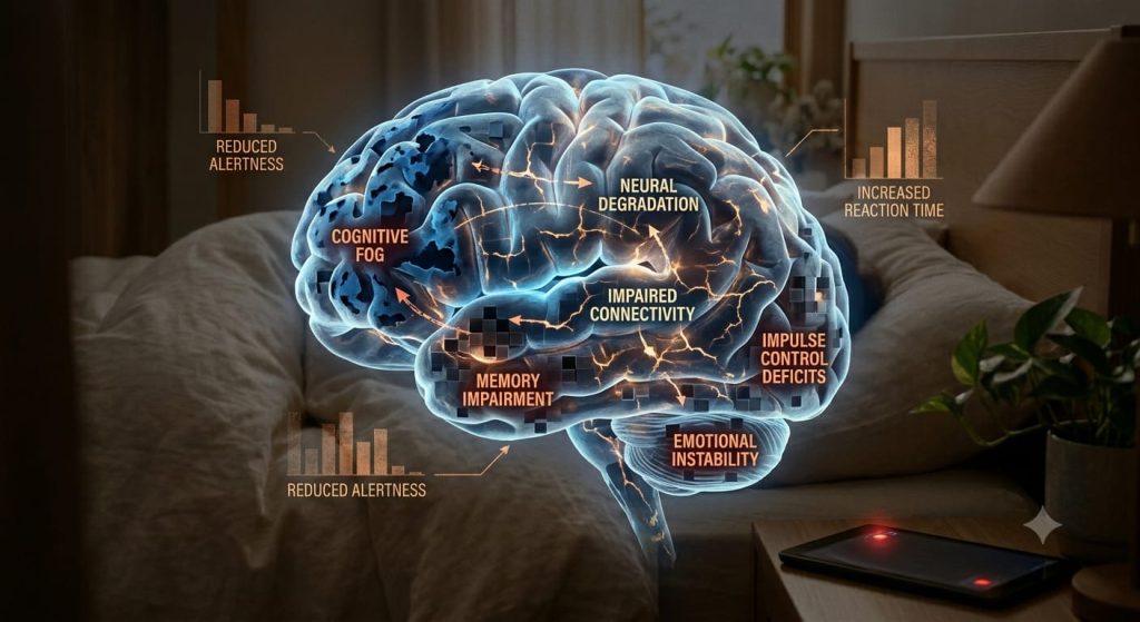 Glowing brain illustration depicting how lack of sleep affects the brain