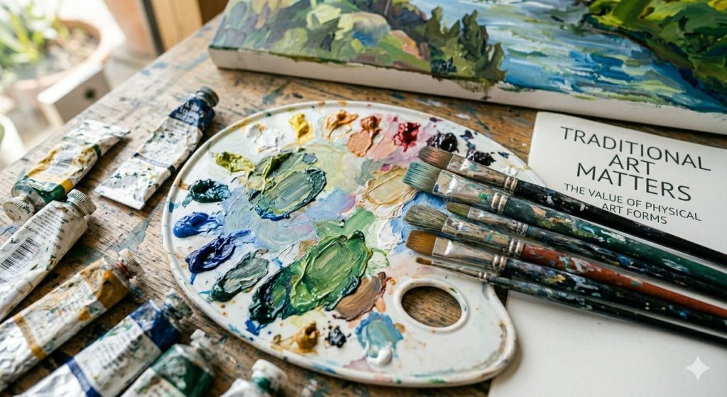 Close up of messy paint palette emphasizing the value of physical art forms
