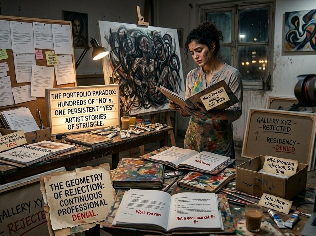 Rejected portfolios highlighting the artist stories of struggle and continuous professional rejection