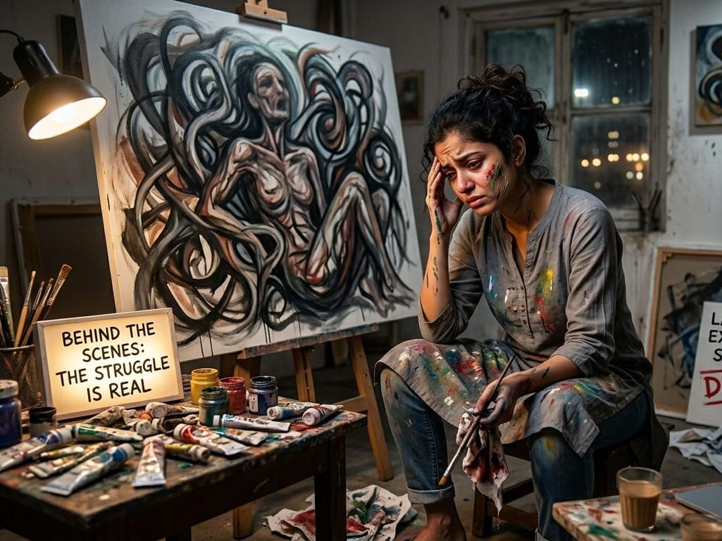 Stressed painter showing the hidden struggles behind successful artists in a studio.