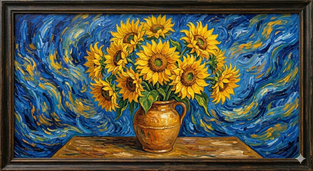  Vibrant yellow sunflowers highlighting the beautiful post impressionism art style of Van Gogh